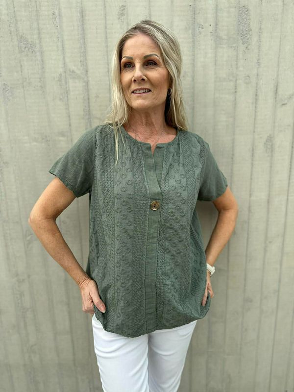Linda Bluse Broderi & Knapp Khaki